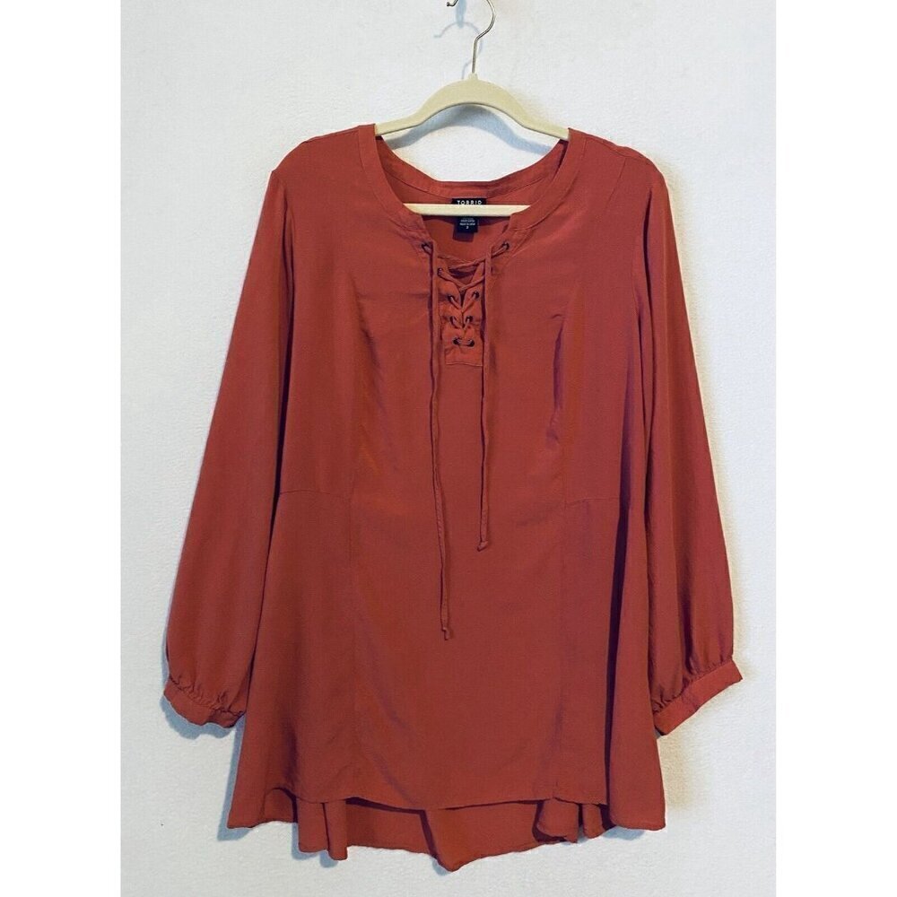 Torrid Top Womens 3X Salmon Orange Lace Up Lightweight Long Sleeve Tunic Boho